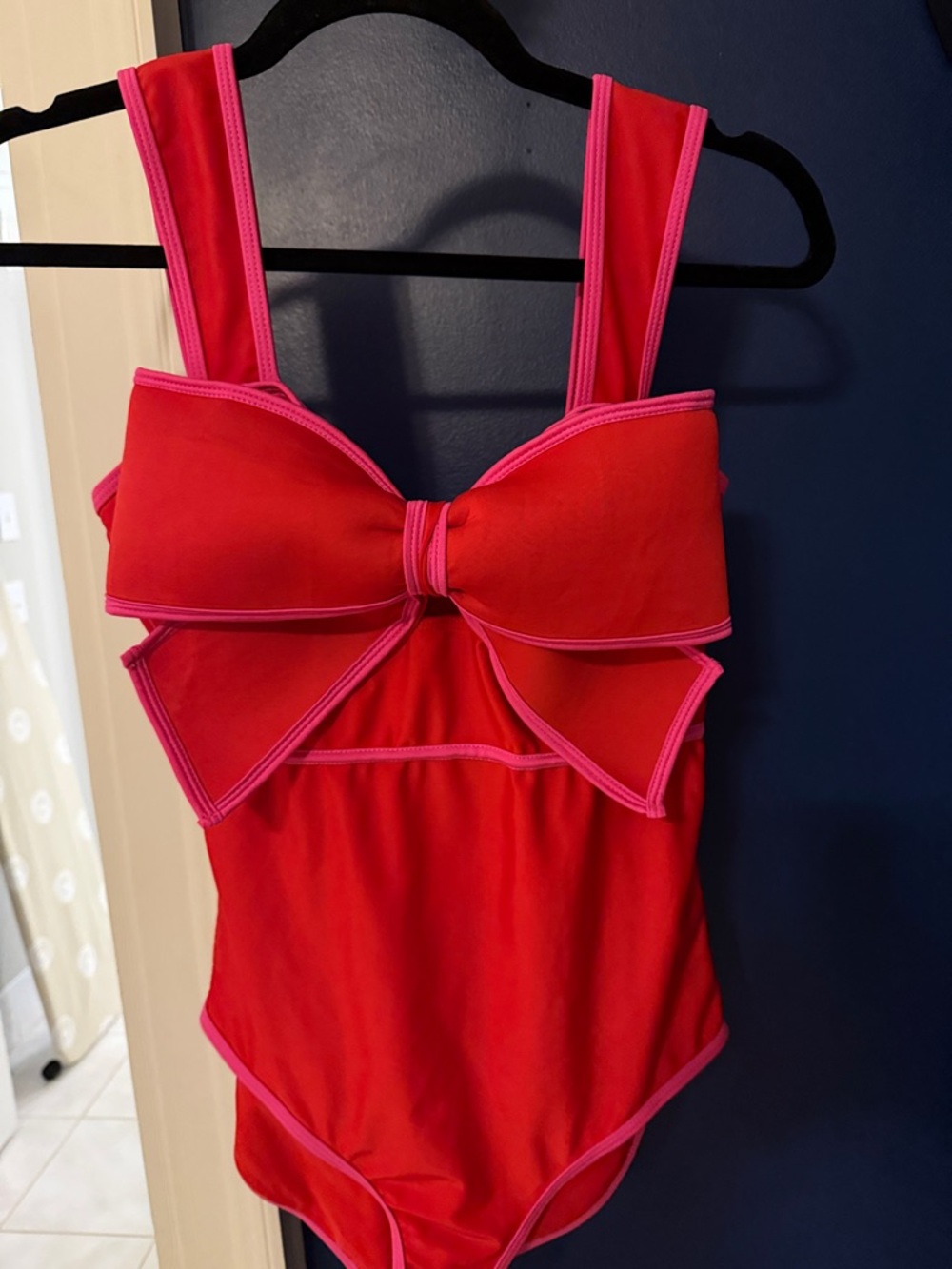 Red One-Piece Swimsuit with Pink Trim and Bow